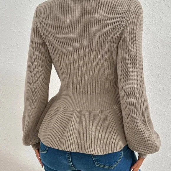 PEPLUM LANTERN SLEEVE KNIT SWEATER FALL WINTER CHIC CASUAL STREETWEAR - Picture 5 of 6